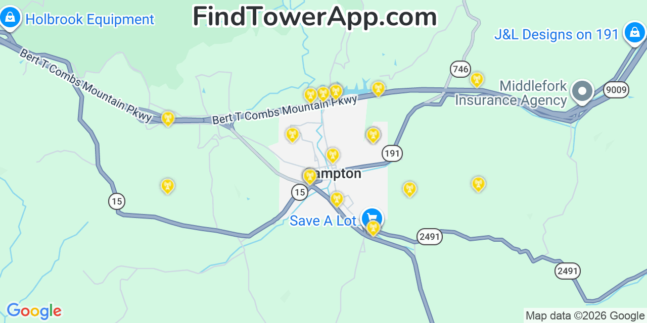Map showing the 20 primary cell tower locations detected in Campton, Kentucky from AT&T, Verizon, and T-Mobile networks