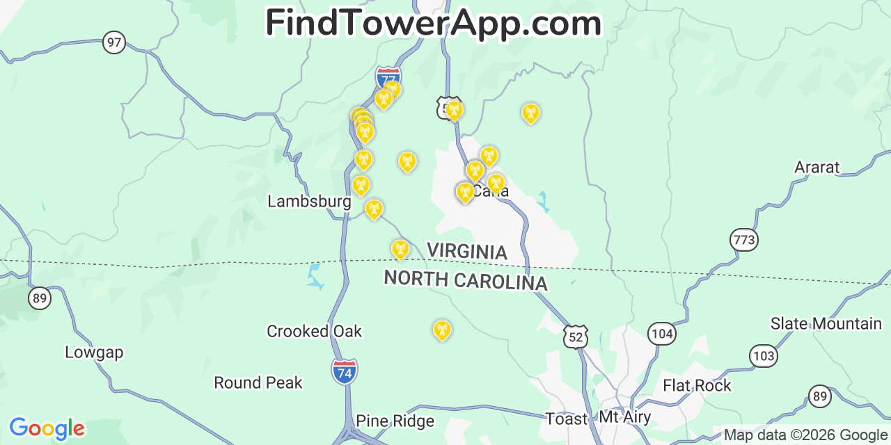 Map showing the 20 primary cell tower locations detected in Cana, Virginia from AT&T, Verizon, and T-Mobile networks