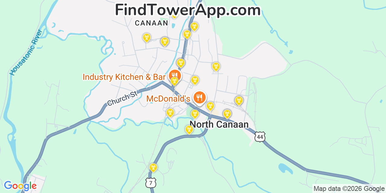 Map showing the 20 primary cell tower locations detected in Canaan, Connecticut from AT&T, Verizon, and T-Mobile networks