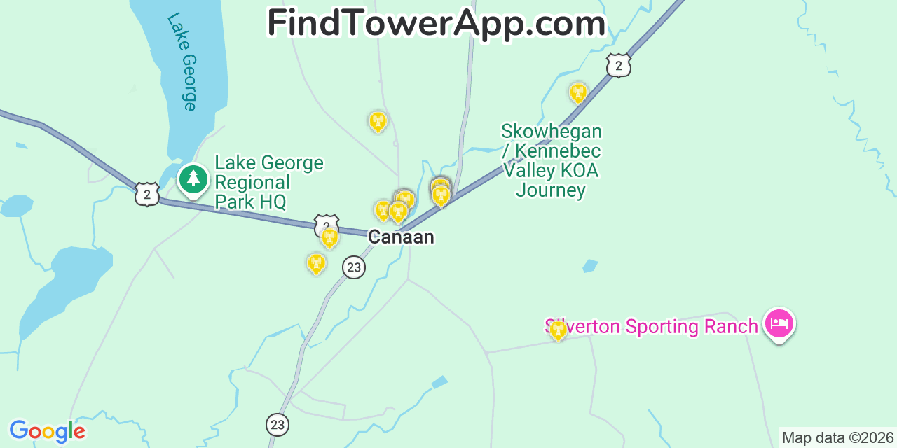 Map showing the 20 primary cell tower locations detected in Canaan, Maine from AT&T, Verizon, and T-Mobile networks