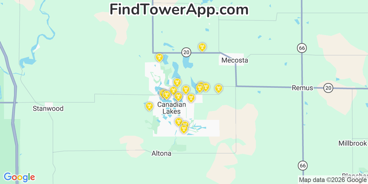 Map showing the 20 primary cell tower locations detected in Canadian Lakes, Michigan from AT&T, Verizon, and T-Mobile networks
