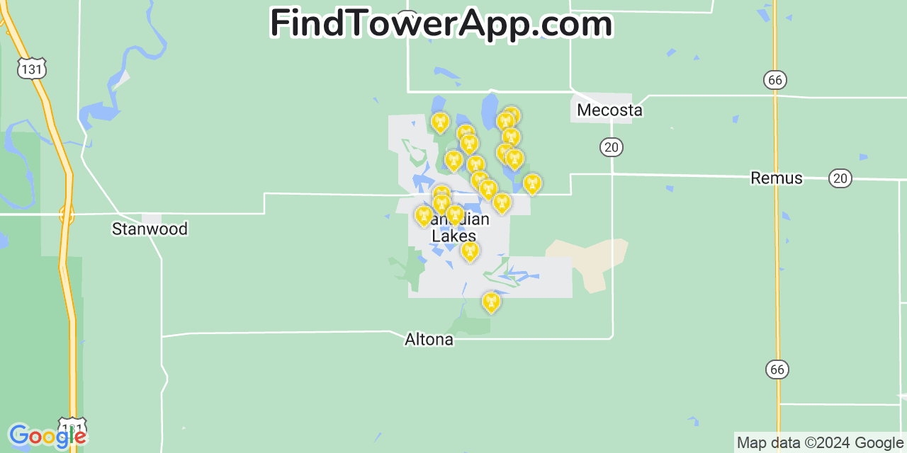 Verizon 4G/5G cell tower coverage map Canadian Lakes, Michigan