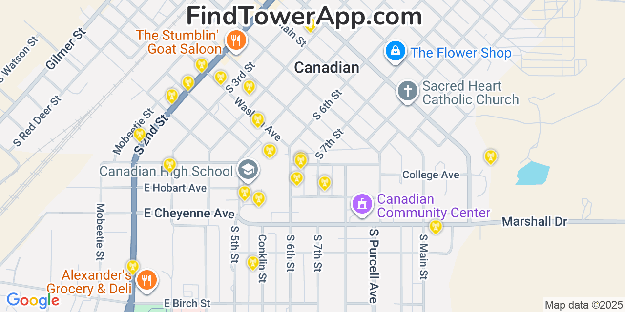 Map showing the 20 primary cell tower locations detected in Canadian, Texas from AT&T, Verizon, and T-Mobile networks