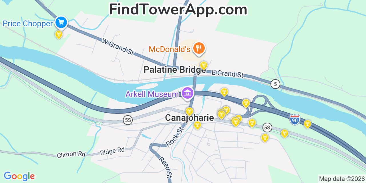 Map showing the 20 primary cell tower locations detected in Canajoharie, New York from AT&T, Verizon, and T-Mobile networks