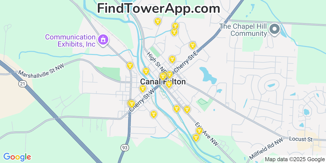 Map showing the 20 primary cell tower locations detected in Canal Fulton, Ohio from AT&T, Verizon, and T-Mobile networks