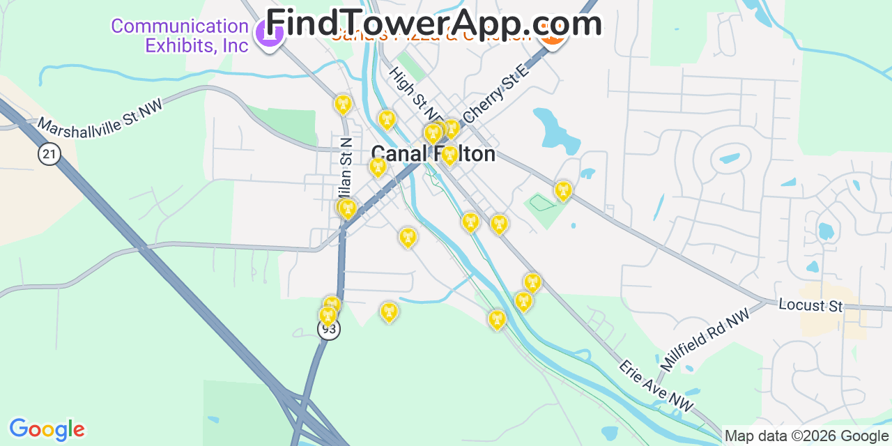 Map showing the 20 primary cell tower locations detected in Canal Fulton, Ohio from AT&T, Verizon, and T-Mobile networks
