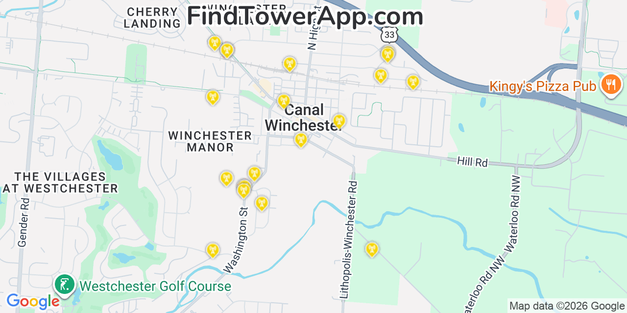 Map showing the 20 primary cell tower locations detected in Canal Winchester, Ohio from AT&T, Verizon, and T-Mobile networks