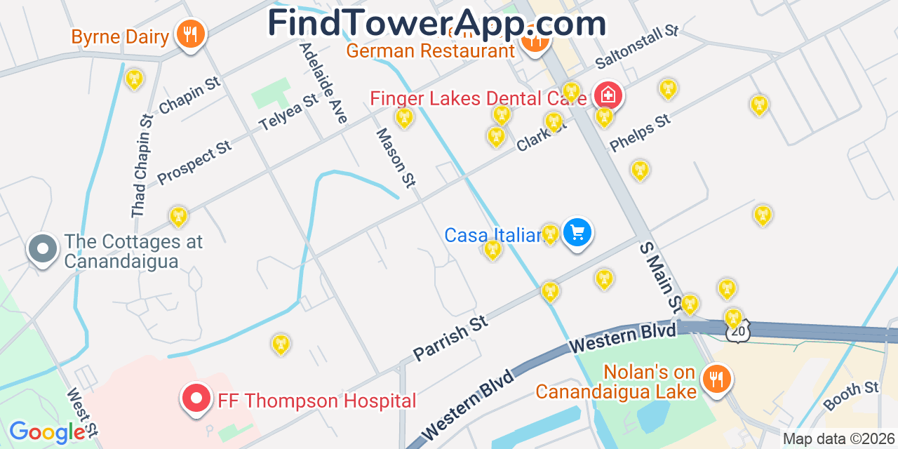 Map showing the 20 primary cell tower locations detected in Canandaigua, New York from AT&T, Verizon, and T-Mobile networks