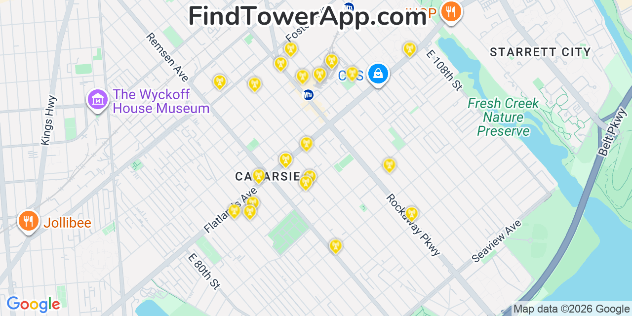 Map showing the 20 primary cell tower locations detected in Canarsie, New York from AT&T, Verizon, and T-Mobile networks