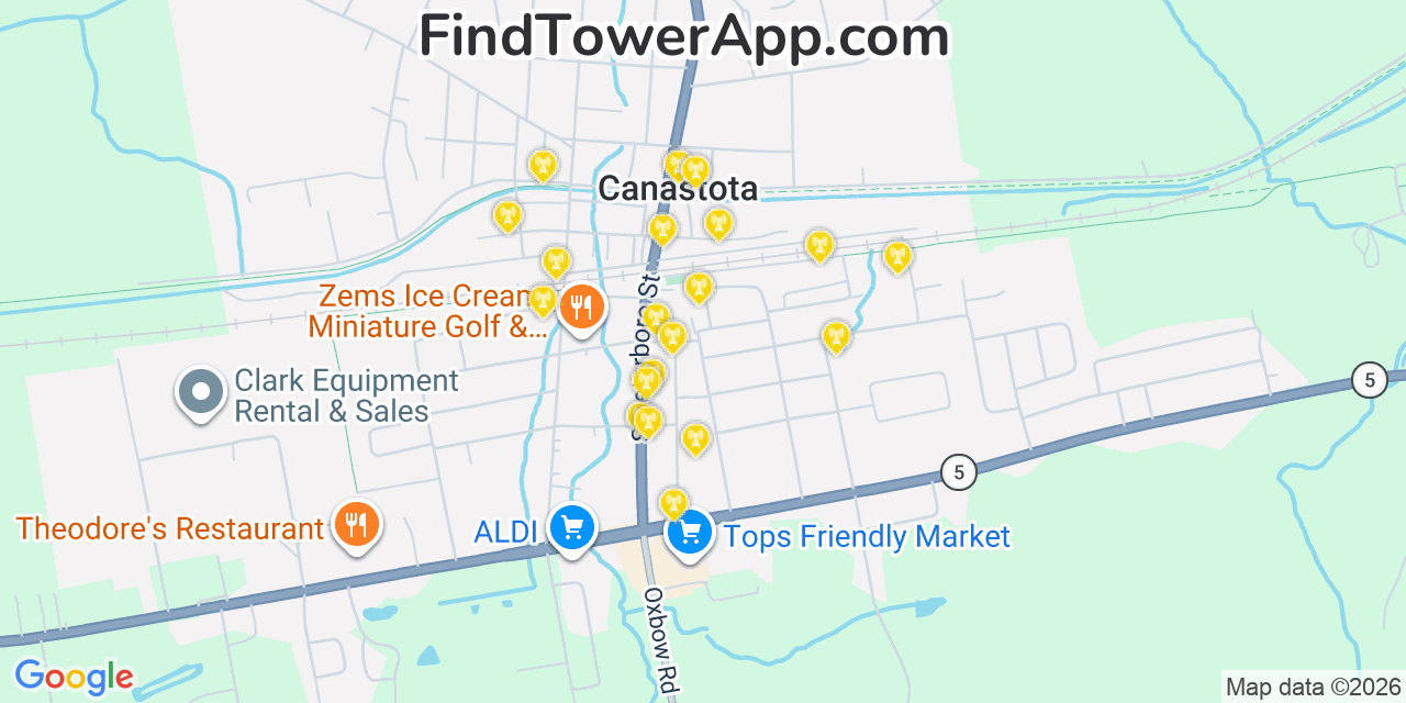 Map showing the 20 primary cell tower locations detected in Canastota, New York from AT&T, Verizon, and T-Mobile networks