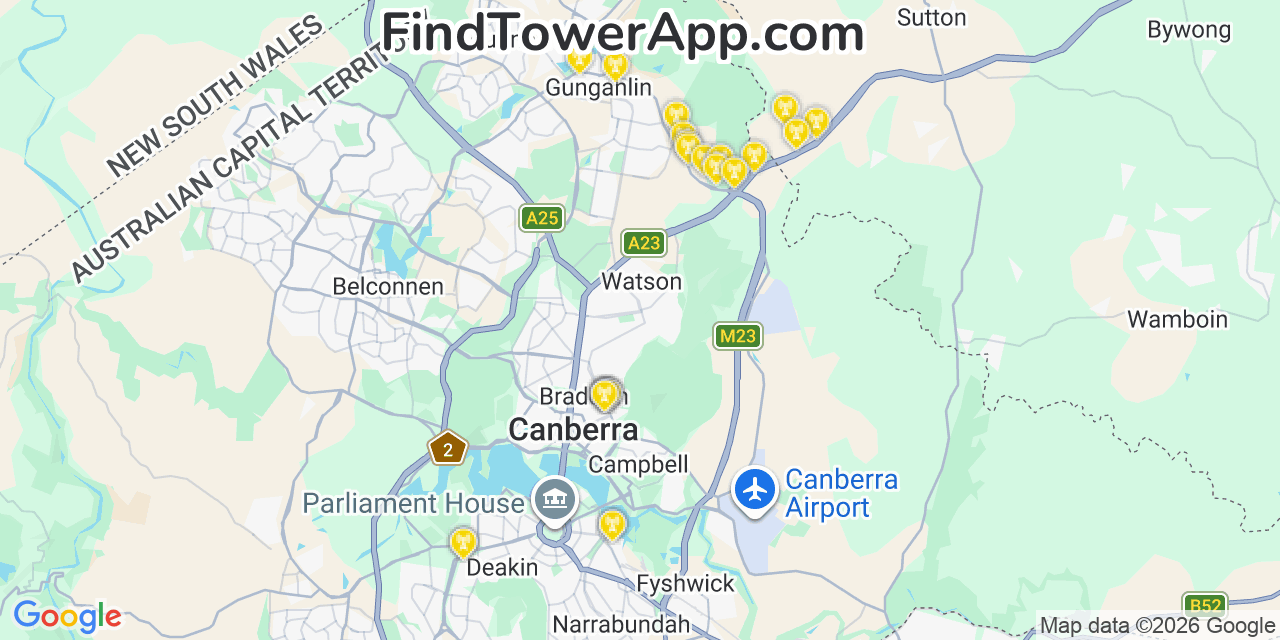 Map showing the 26 primary Clermont Coal cell tower locations in Canberra, Australia