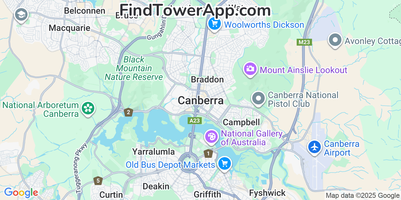 Map showing the 0 primary MessageBird cell tower locations detected in Canberra, Australia with coverage radius and signal strength indicators
