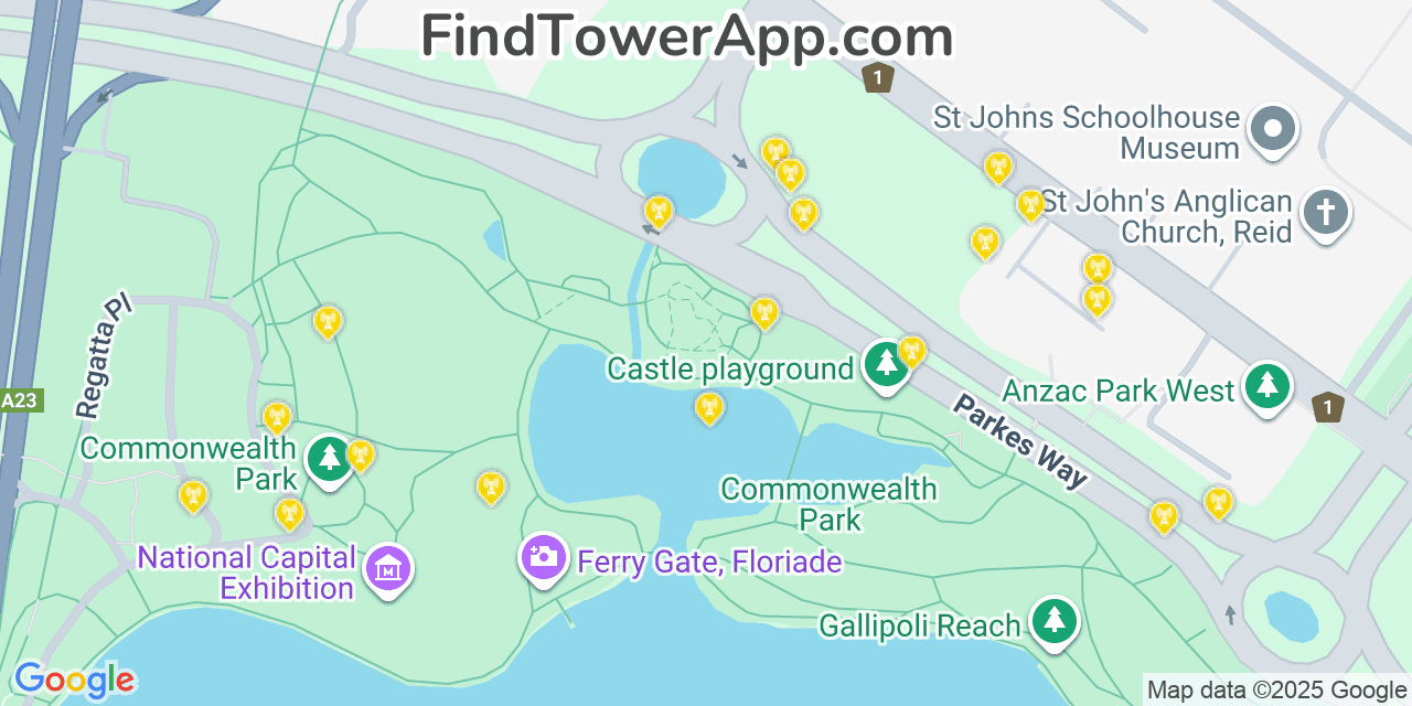 Map showing the 0 primary Optus cell tower locations detected in Canberra, Australia with coverage radius and signal strength indicators