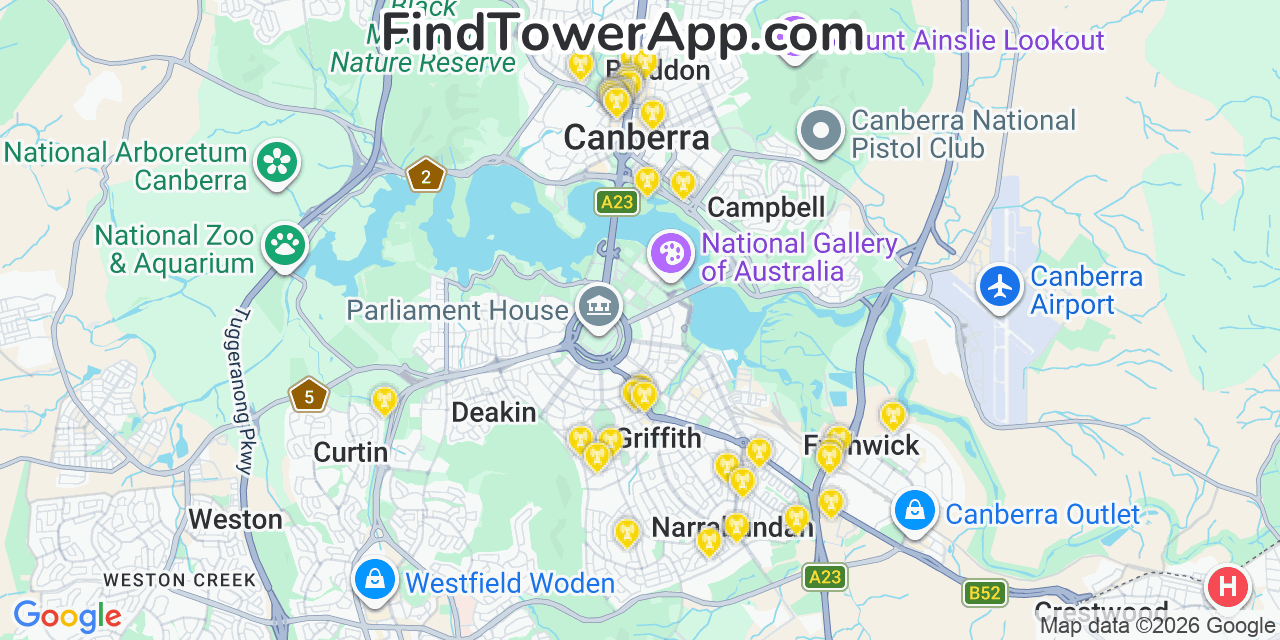 Map showing the 37 primary Pilbara Iron cell tower locations in Canberra, Australia