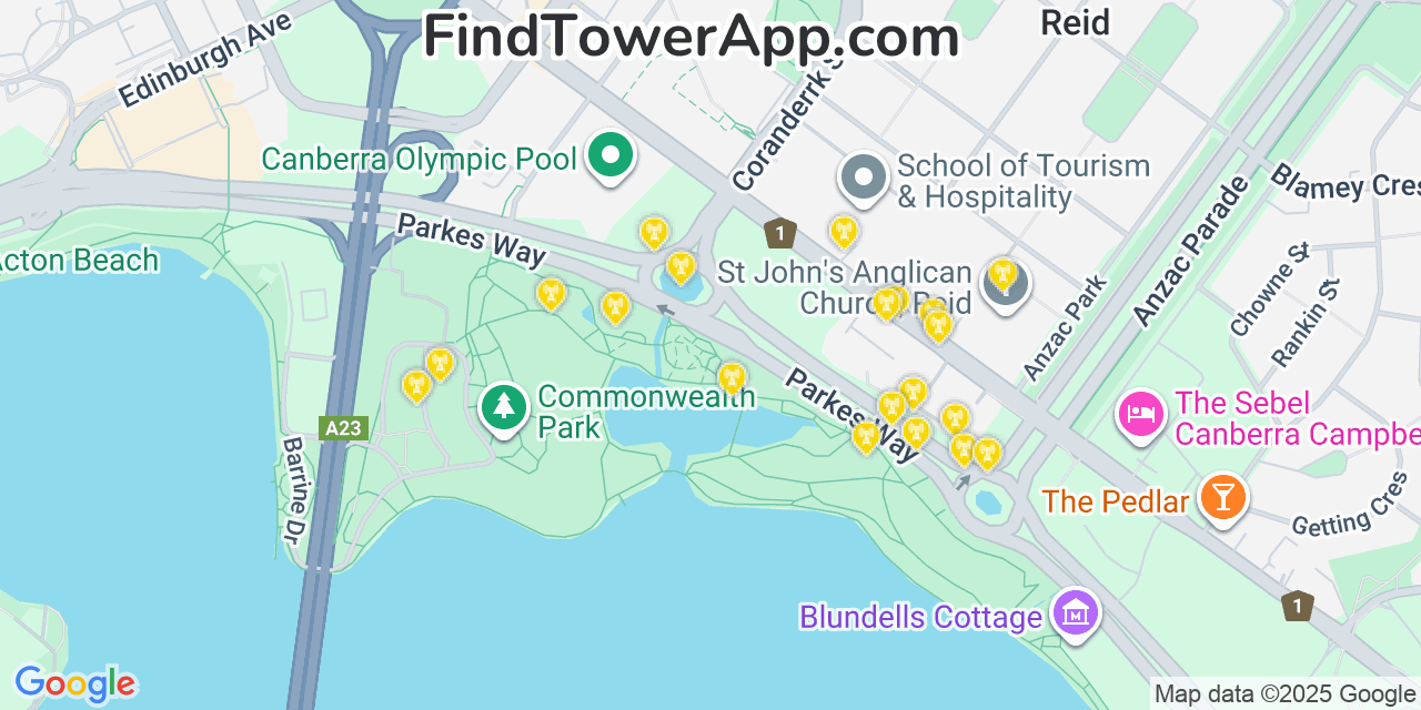 Map showing the 0 primary Telstra cell tower locations detected in Canberra, Australia with coverage radius and signal strength indicators