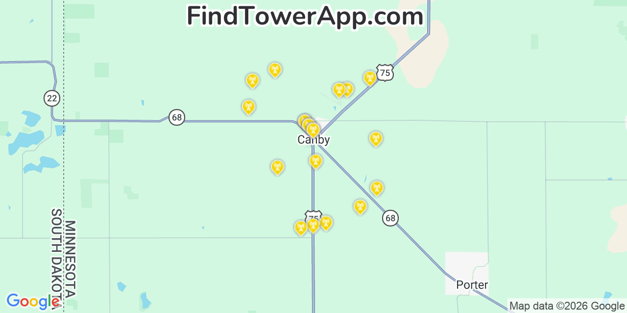 Map showing the 20 primary cell tower locations detected in Canby, Minnesota from AT&T, Verizon, and T-Mobile networks