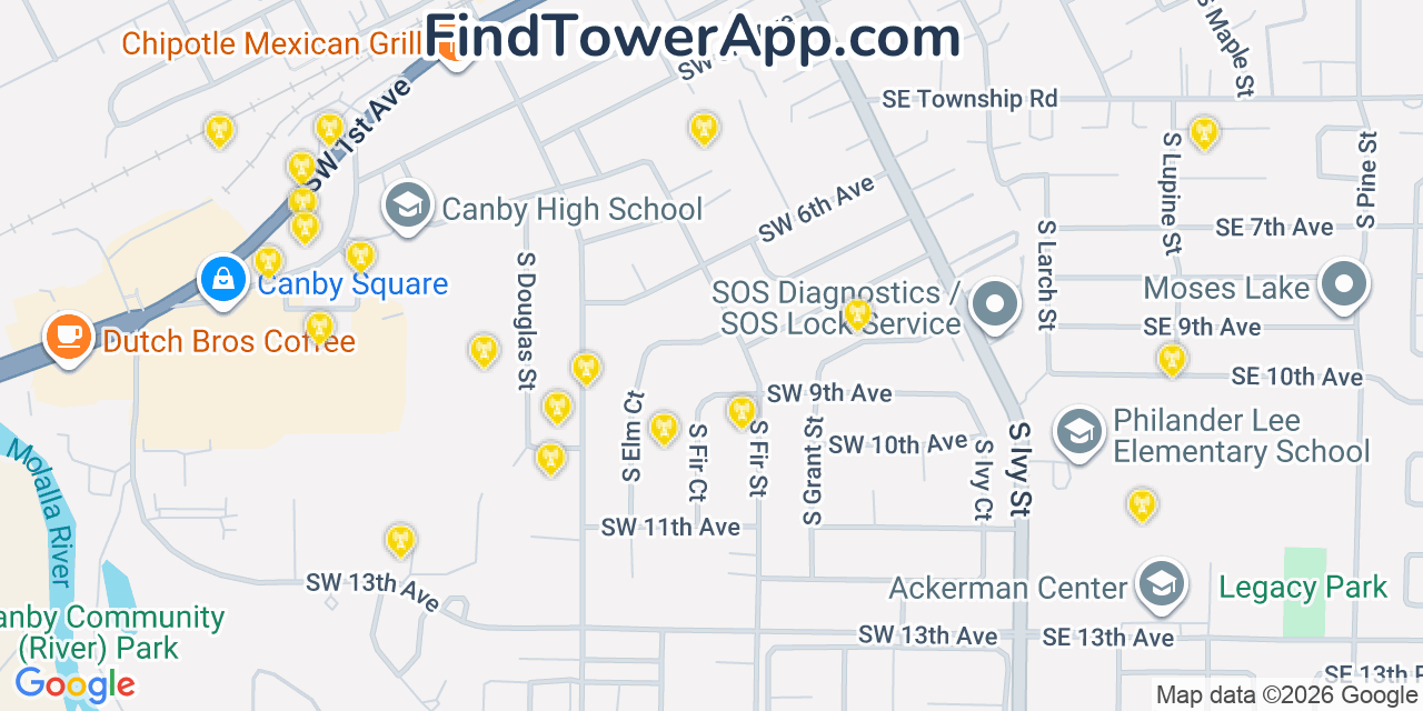 Map showing the 20 primary cell tower locations detected in Canby, Oregon from AT&T, Verizon, and T-Mobile networks