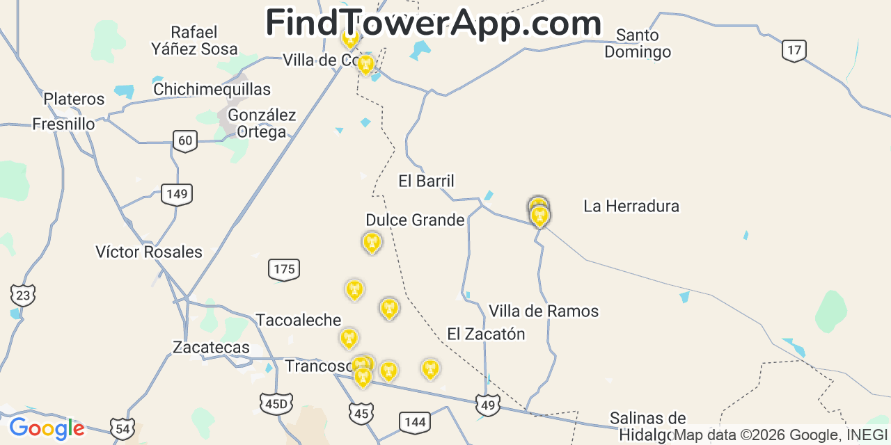 Map showing the 23 primary AT&T cell tower locations in Canc, Mexico