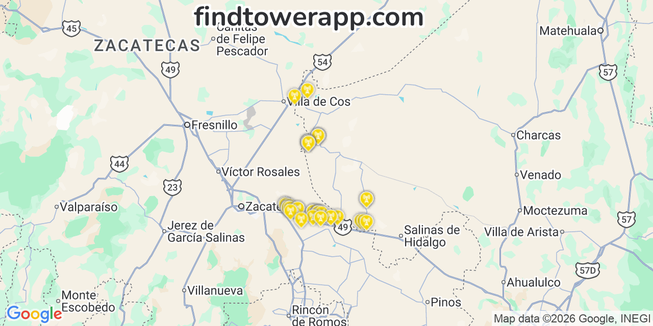 Map showing the 35 primary Movistar cell tower locations in Canc, Mexico