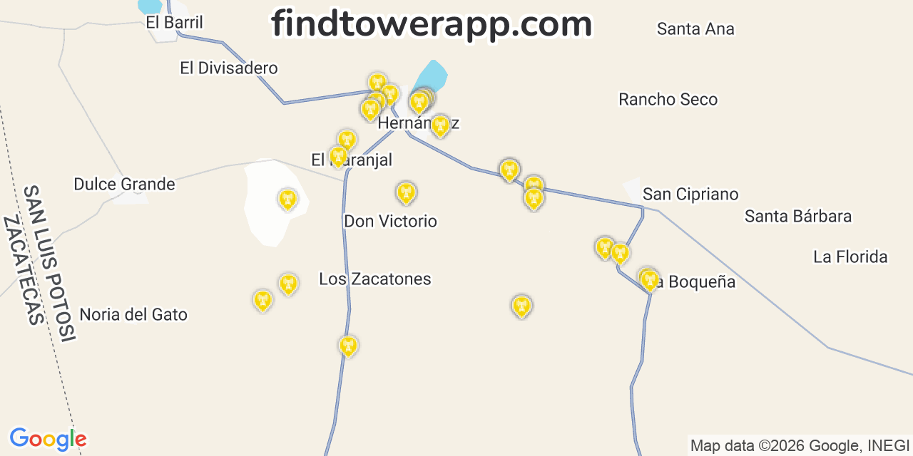 Map showing the 36 primary Telcel cell tower locations in Canc, Mexico