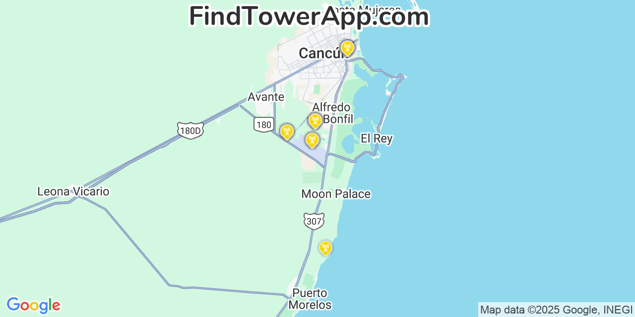 Map showing the 20 primary AT&T cell tower locations detected in Cancún, Mexico with coverage radius and signal strength indicators