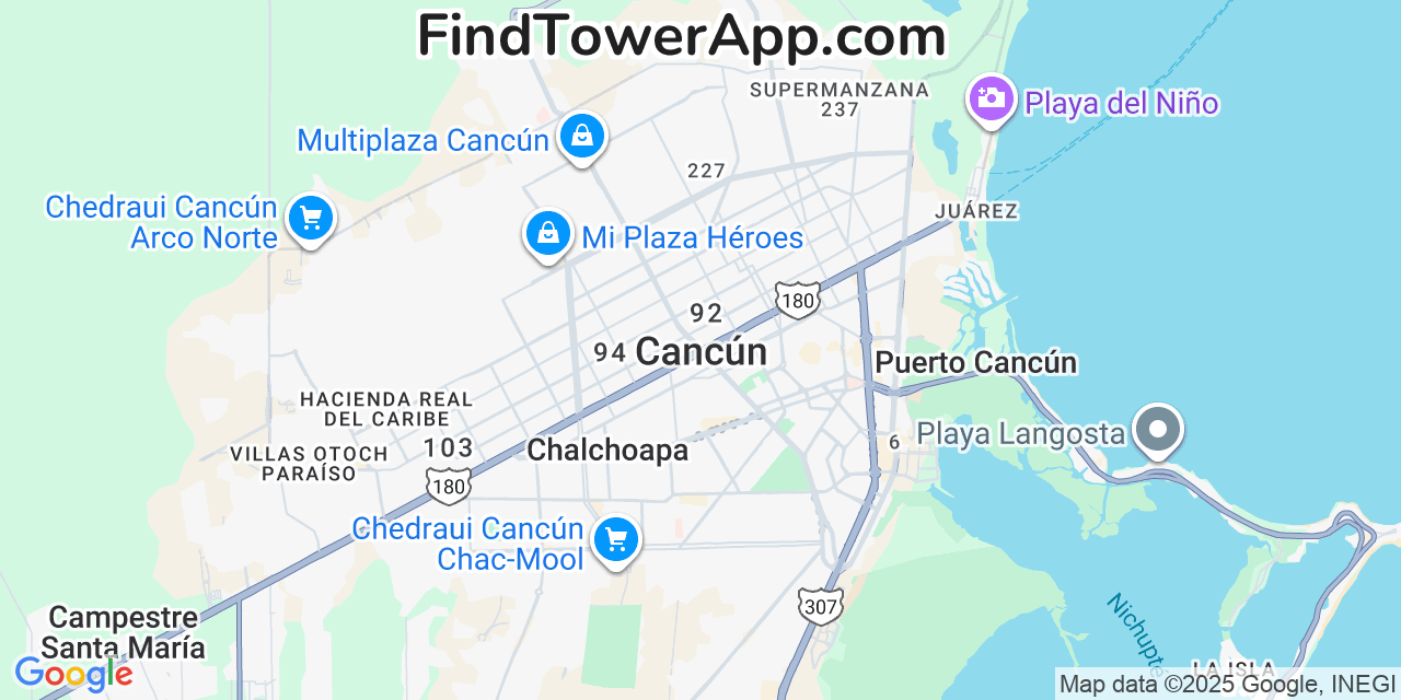 Map showing the 0 primary Telcel cell tower locations detected in Cancún, Mexico with coverage radius and signal strength indicators