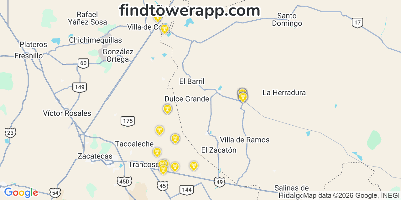 Map showing the 23 primary AT&T cell tower locations in Cancãƒâºn, Mexico