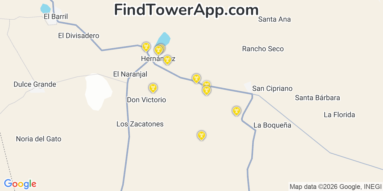 Map showing the 20 primary cell tower locations detected in Cancãƒâºn, Mexico with coverage areas and signal strength