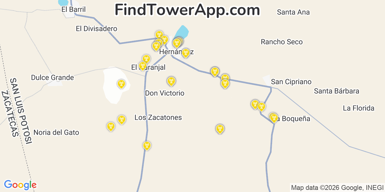 Map showing the 36 primary Telcel cell tower locations in Cancãƒâºn, Mexico