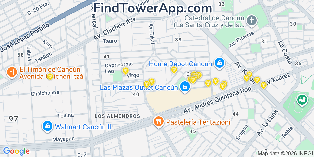 Map showing the 20 primary AT&T cell tower locations in Cancún, Mexico