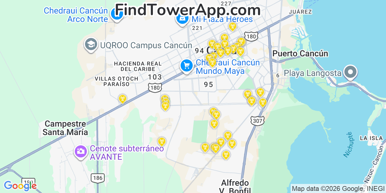Map showing the 35 primary Altan Redes cell tower locations in Cancún, Mexico