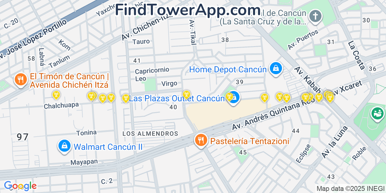 Map showing the 20 primary cell tower locations detected in Cancún, Mexico with coverage areas and signal strength