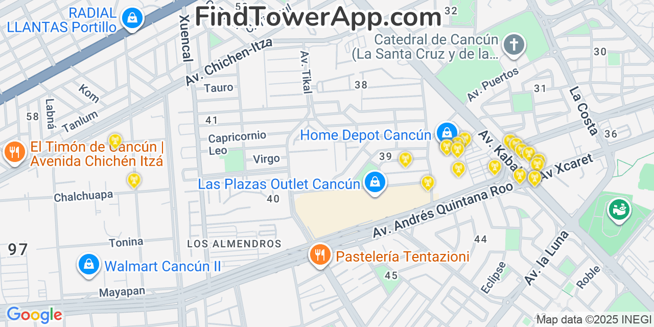 Map showing the 20 primary Movistar cell tower locations in Cancún, Mexico