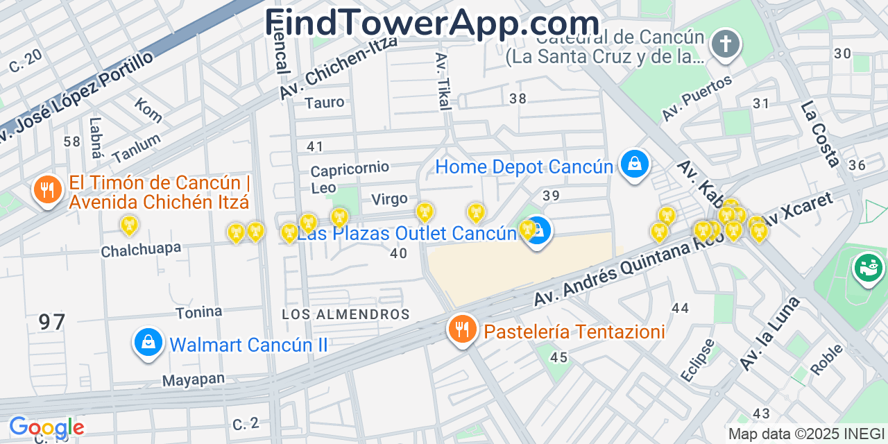 Map showing the 20 primary Telcel cell tower locations in Cancún, Mexico