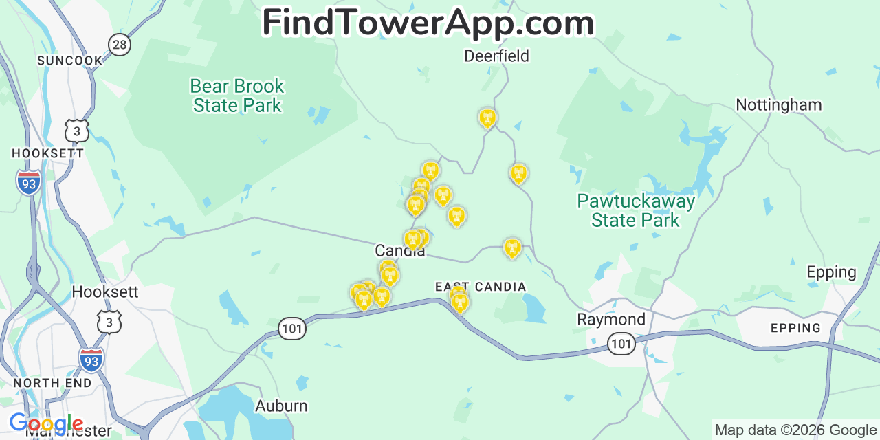 Map showing the 20 primary cell tower locations detected in Candia, New Hampshire from AT&T, Verizon, and T-Mobile networks