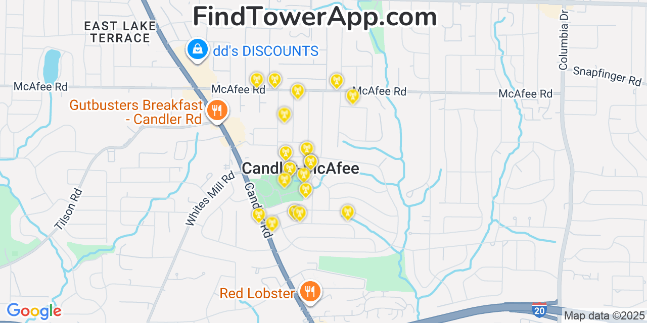 Map showing the 20 primary cell tower locations detected in Candler-McAfee, Georgia from AT&T, Verizon, and T-Mobile networks