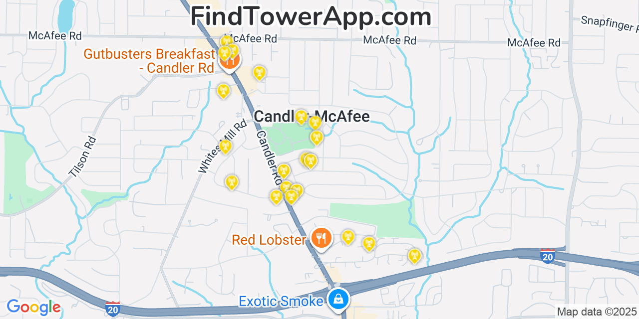 Map showing the 20 primary AT&T cell tower locations detected in Candler Mcafee, Georgia with coverage radius and signal strength indicators