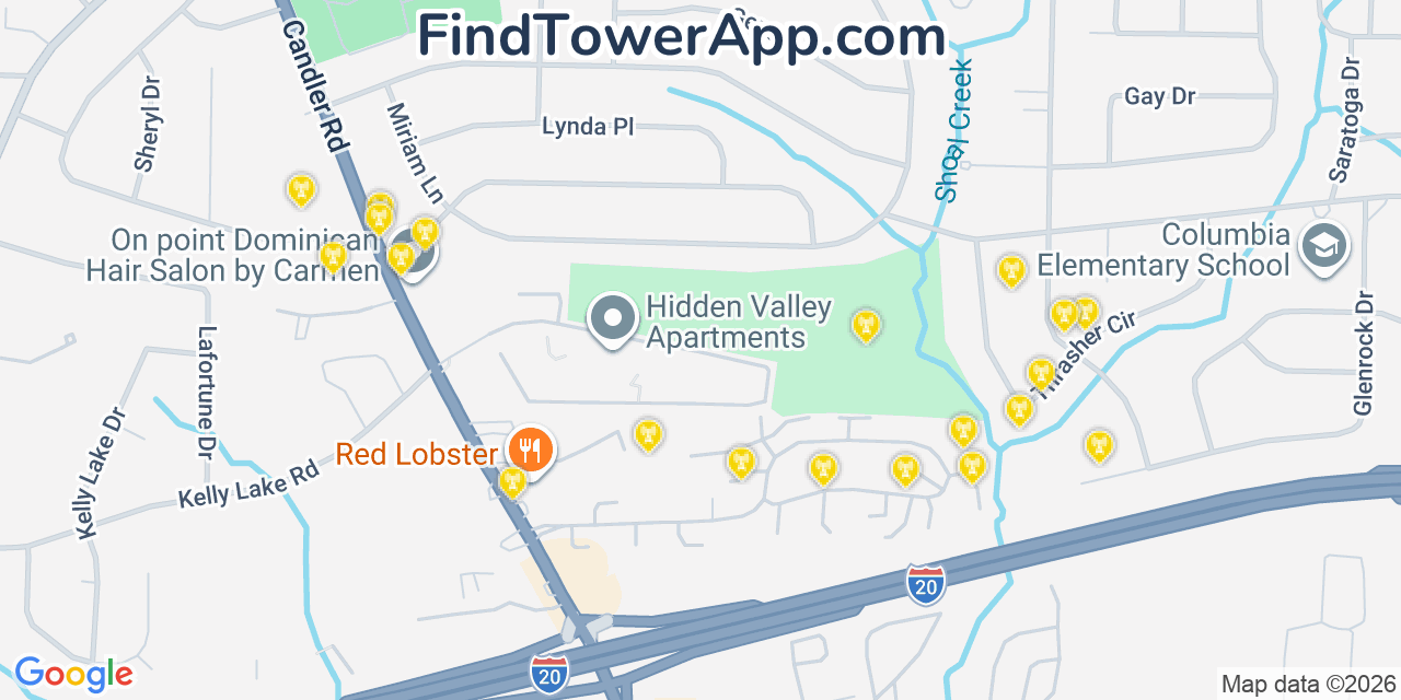 Map showing the 20 primary cell tower locations detected in Candler Mcafee, Georgia from AT&T, Verizon, and T-Mobile networks