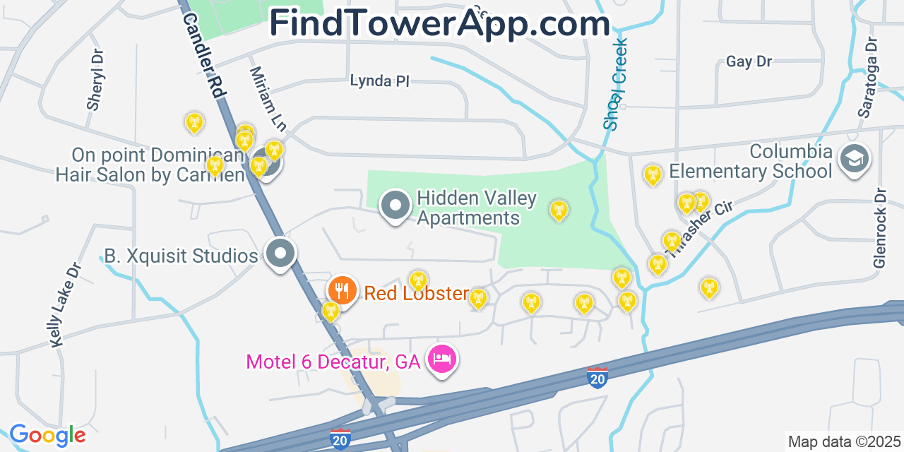 Map showing the 20 primary Mobitel cell tower locations detected in Candler Mcafee, Georgia with coverage radius and signal strength indicators