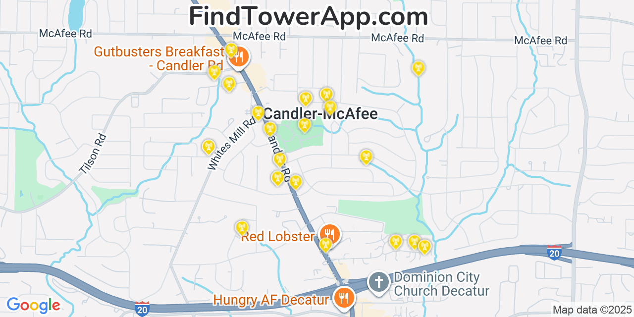 Map showing the 20 primary T-Mobile cell tower locations detected in Candler Mcafee, Georgia with coverage radius and signal strength indicators