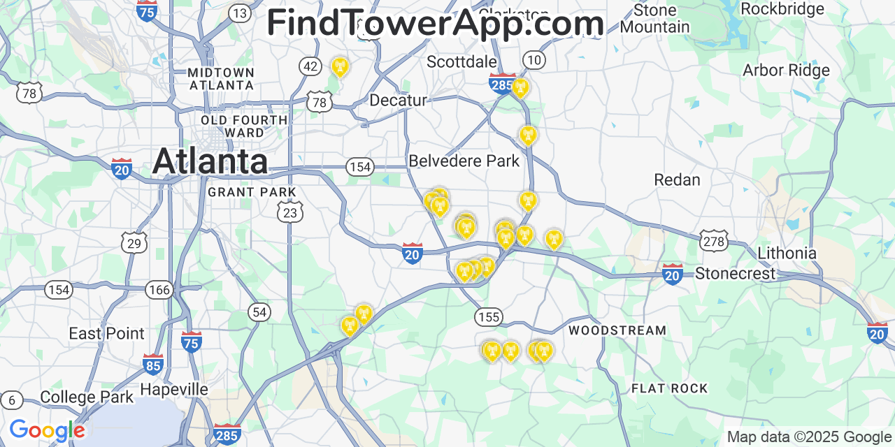 Map showing the 26 primary Verizon cell tower locations detected in Candler Mcafee, Georgia with coverage radius and signal strength indicators