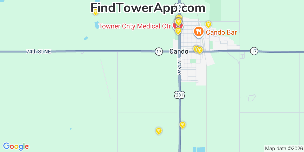 Map showing the 20 primary cell tower locations detected in Cando, North Dakota from AT&T, Verizon, and T-Mobile networks