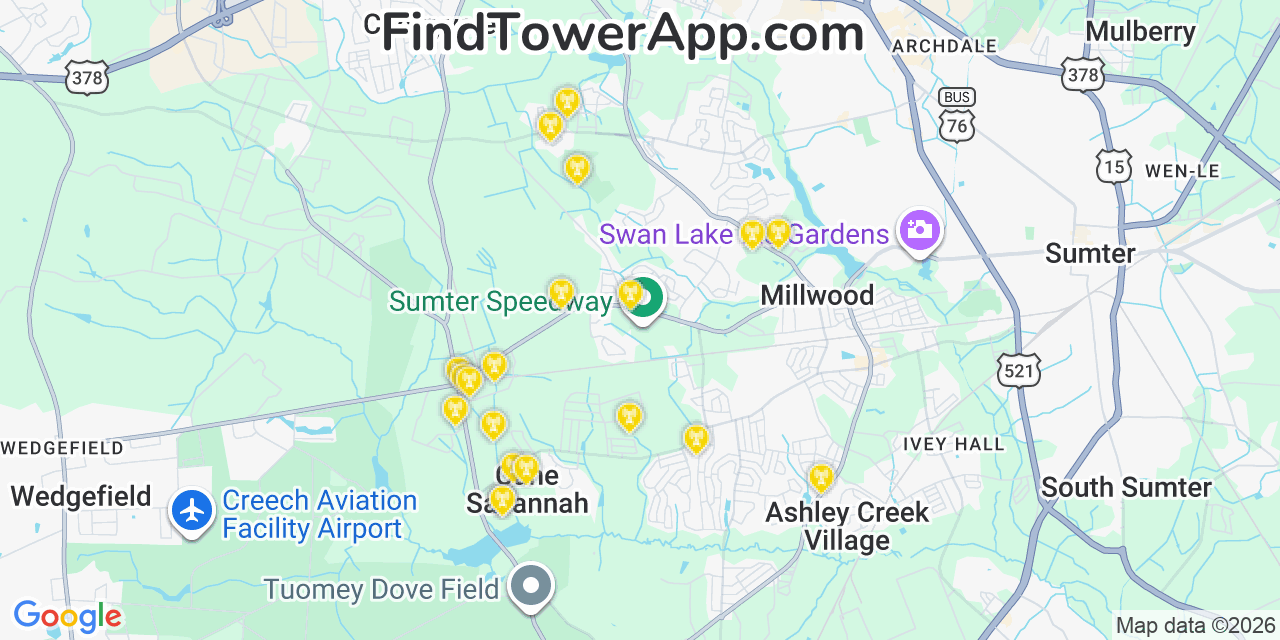 Map showing the 20 primary cell tower locations detected in Cane Savannah, South Carolina from AT&T, Verizon, and T-Mobile networks