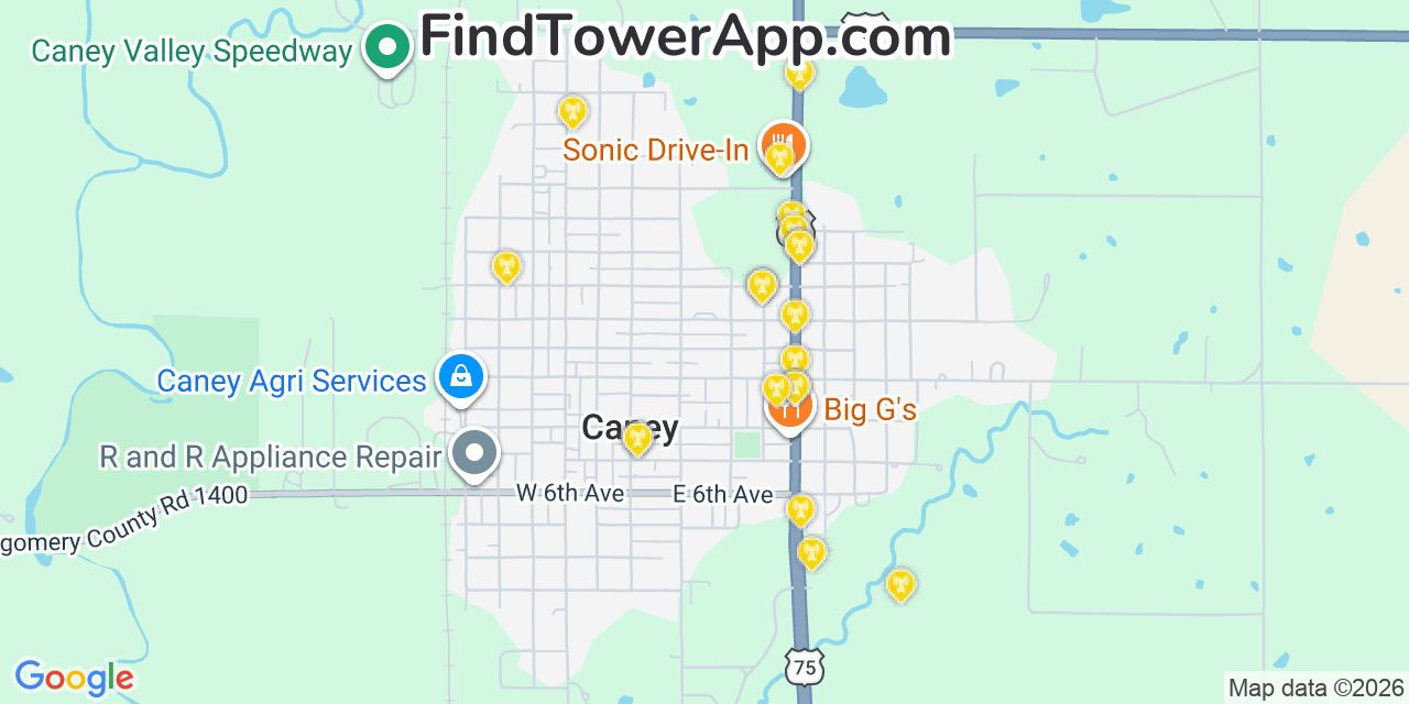 Map showing the 20 primary cell tower locations detected in Caney, Kansas from AT&T, Verizon, and T-Mobile networks