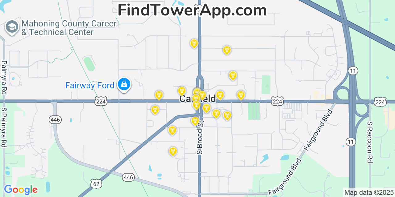 Map showing the 20 primary cell tower locations detected in Canfield, Ohio from AT&T, Verizon, and T-Mobile networks