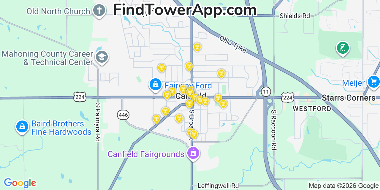 Map showing the 20 primary cell tower locations detected in Canfield, Ohio from AT&T, Verizon, and T-Mobile networks