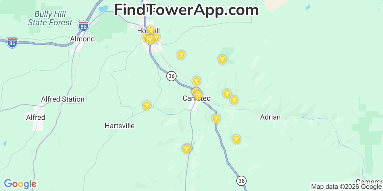 Map showing the 20 primary cell tower locations detected in Canisteo, New York from AT&T, Verizon, and T-Mobile networks