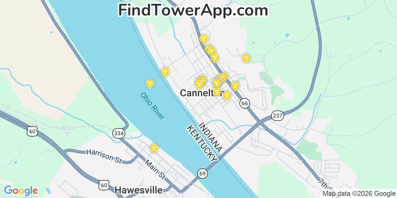 Map showing the 20 primary cell tower locations detected in Cannelton, Indiana from AT&T, Verizon, and T-Mobile networks