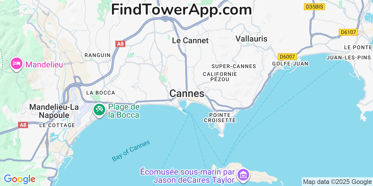 Map showing the 0 primary LycaMobile cell tower locations detected in Cannes, France with coverage radius and signal strength indicators