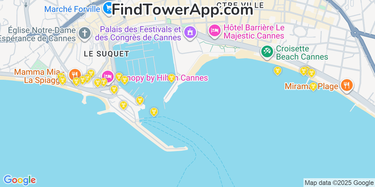 Map showing the 20 primary cell tower locations detected in Cannes, France with coverage areas and signal strength